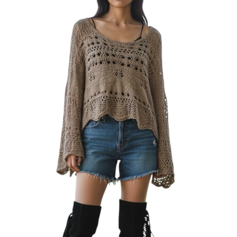 Boho Crochet Knit Sweater Beige Fairycore Open Weave Top Womens M Bell Sleeve